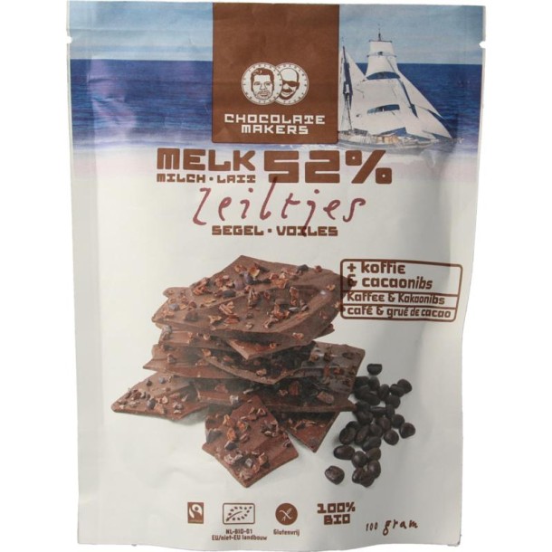 Chocolatemakers Zeiltjes melk 52% met cacaonibs & koffie bio (100 Gram)
